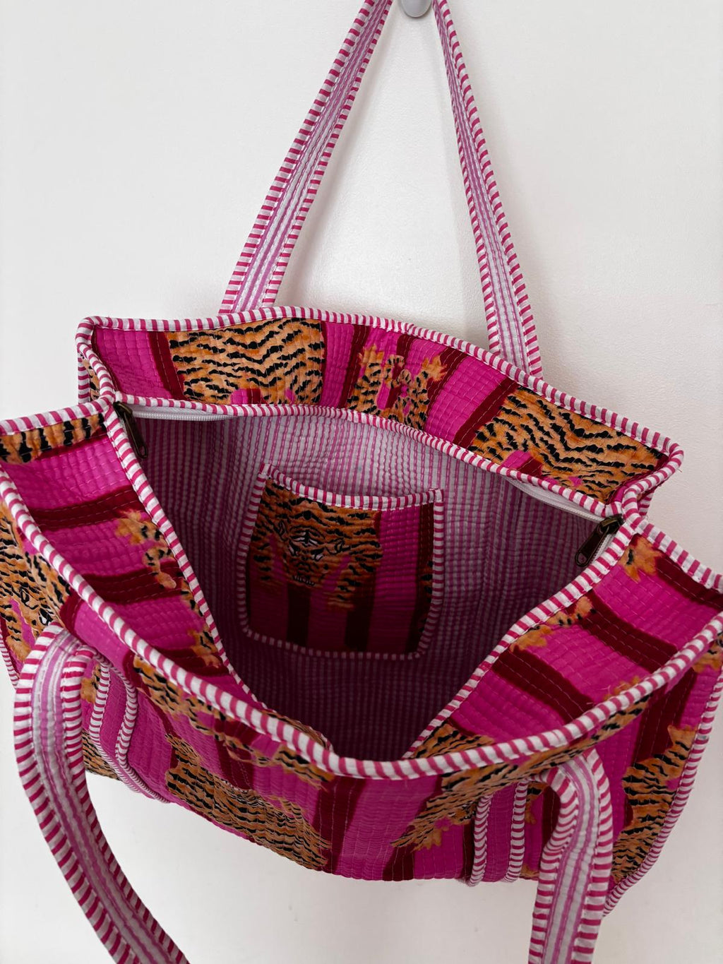 Handmade Quilted Cotton Tote Bag for Women, Pink Tiger Print Shopper Bag, Large Reusable Shoulder Bag, Boho Beach Shopping Tote , Eco Friendly Cotton Handbag