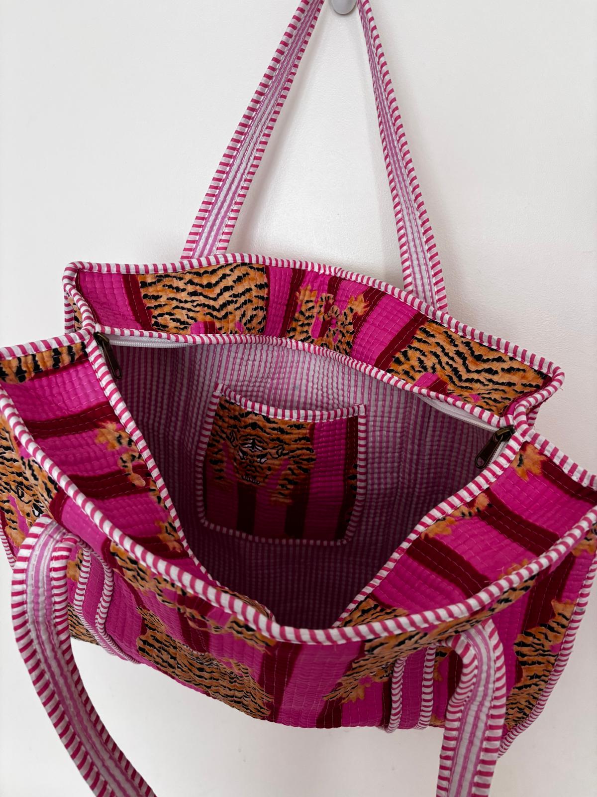 Handmade Quilted Cotton Tote Bag for Women, Pink Tiger Print Shopper Bag, Large Reusable Shoulder Bag, Boho Beach Shopping Tote , Eco Friendly Cotton Handbag