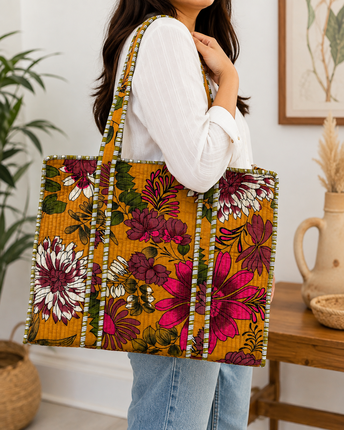 Vintage Floral Quilted Tote Bag | Large Cotton Shoulder Bag | Boho Everyday Shopper | Handmade Floral Carryall