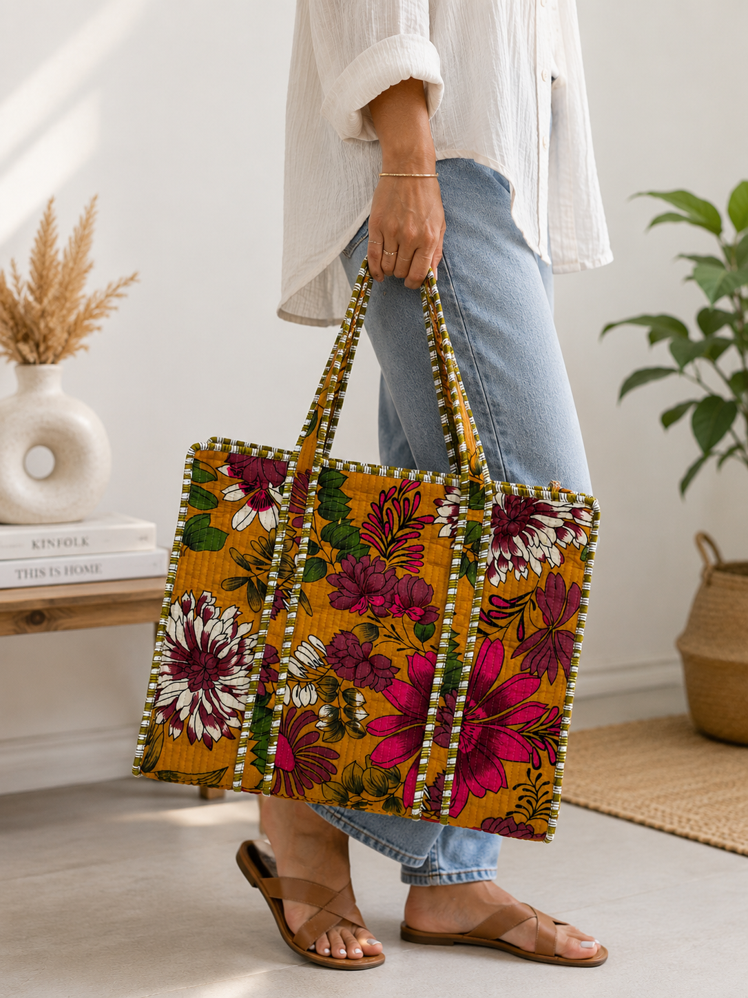 Vintage Floral Quilted Tote Bag | Large Cotton Shoulder Bag | Boho Everyday Shopper | Handmade Floral Carryall