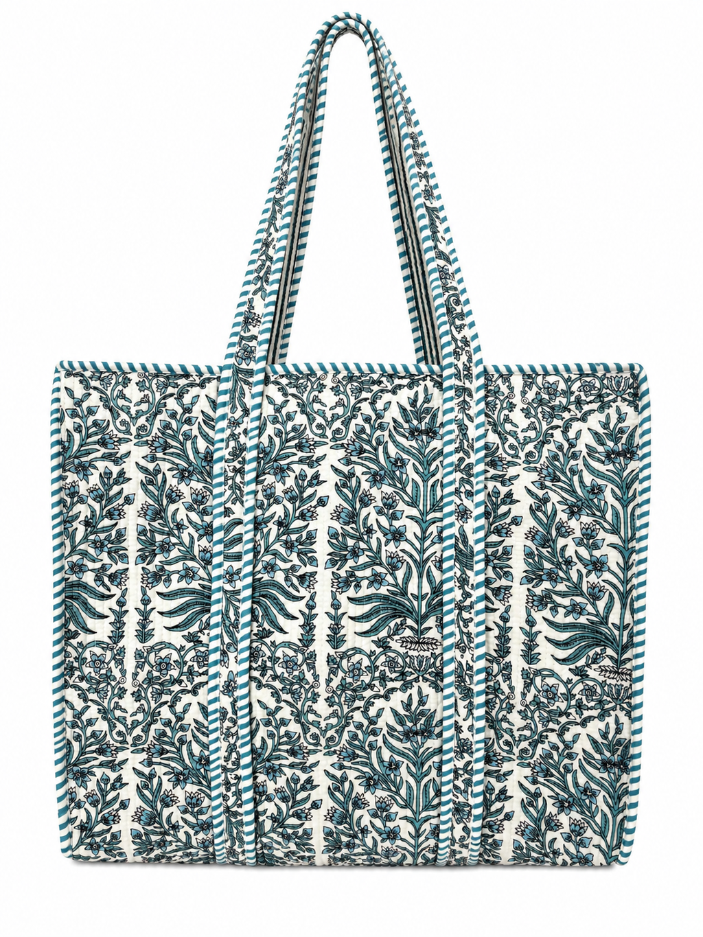 Quilted Cotton Tote Bag for Women – Green Floral Print Large Shoulder Bag, Lightweight Spacious Handbag, Everyday Shopping Travel Work Beach Bag