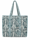Quilted Cotton Tote Bag for Women – Green Floral Print Large Shoulder Bag, Lightweight Spacious Handbag, Everyday Shopping Travel Work Beach Bag