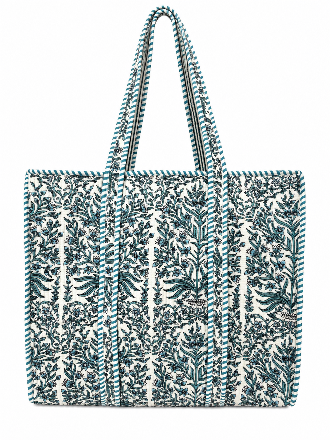 Quilted Cotton Tote Bag for Women – Green Floral Print Large Shoulder Bag, Lightweight Spacious Handbag, Everyday Shopping Travel Work Beach Bag