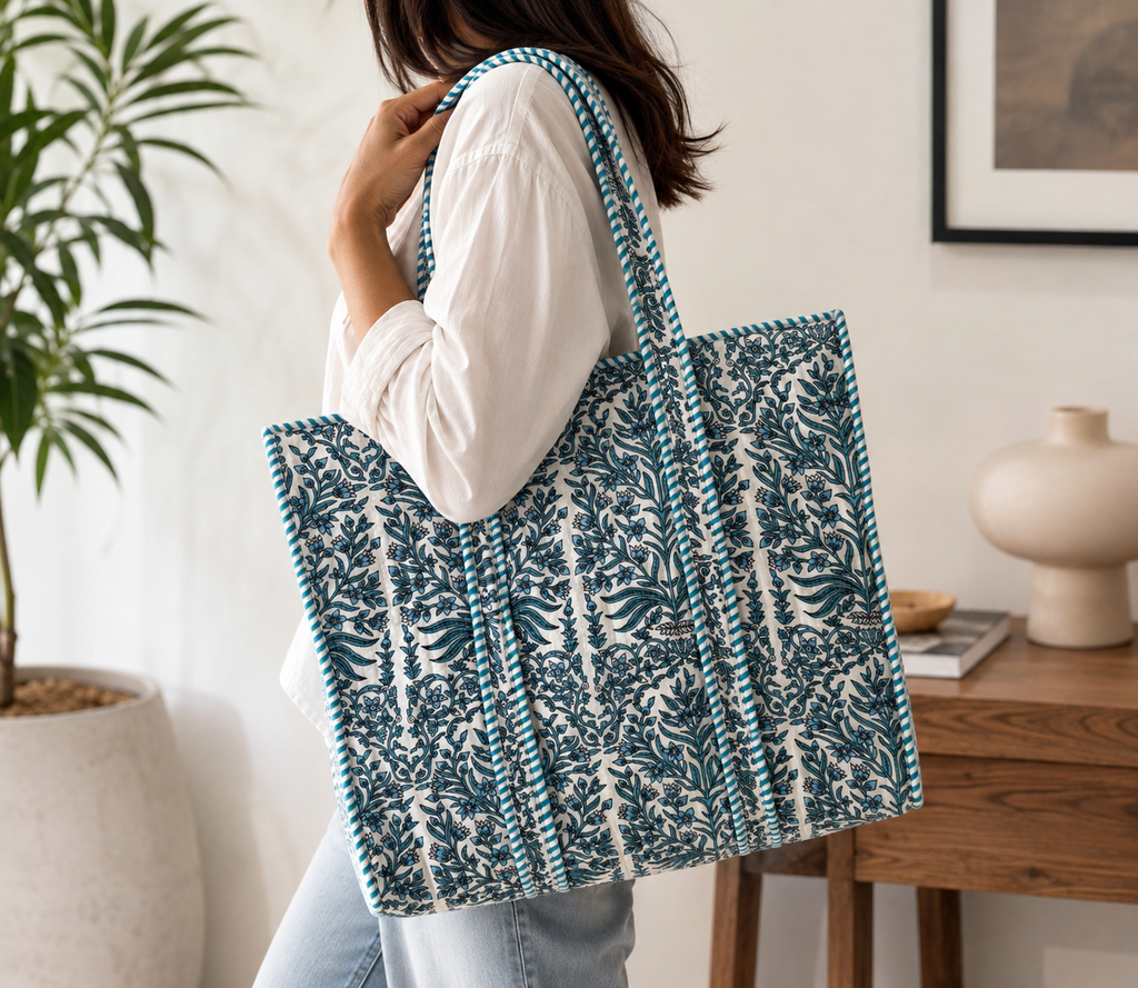 Quilted Cotton Tote Bag for Women – Green Floral Print Large Shoulder Bag, Lightweight Spacious Handbag, Everyday Shopping Travel Work Beach Bag