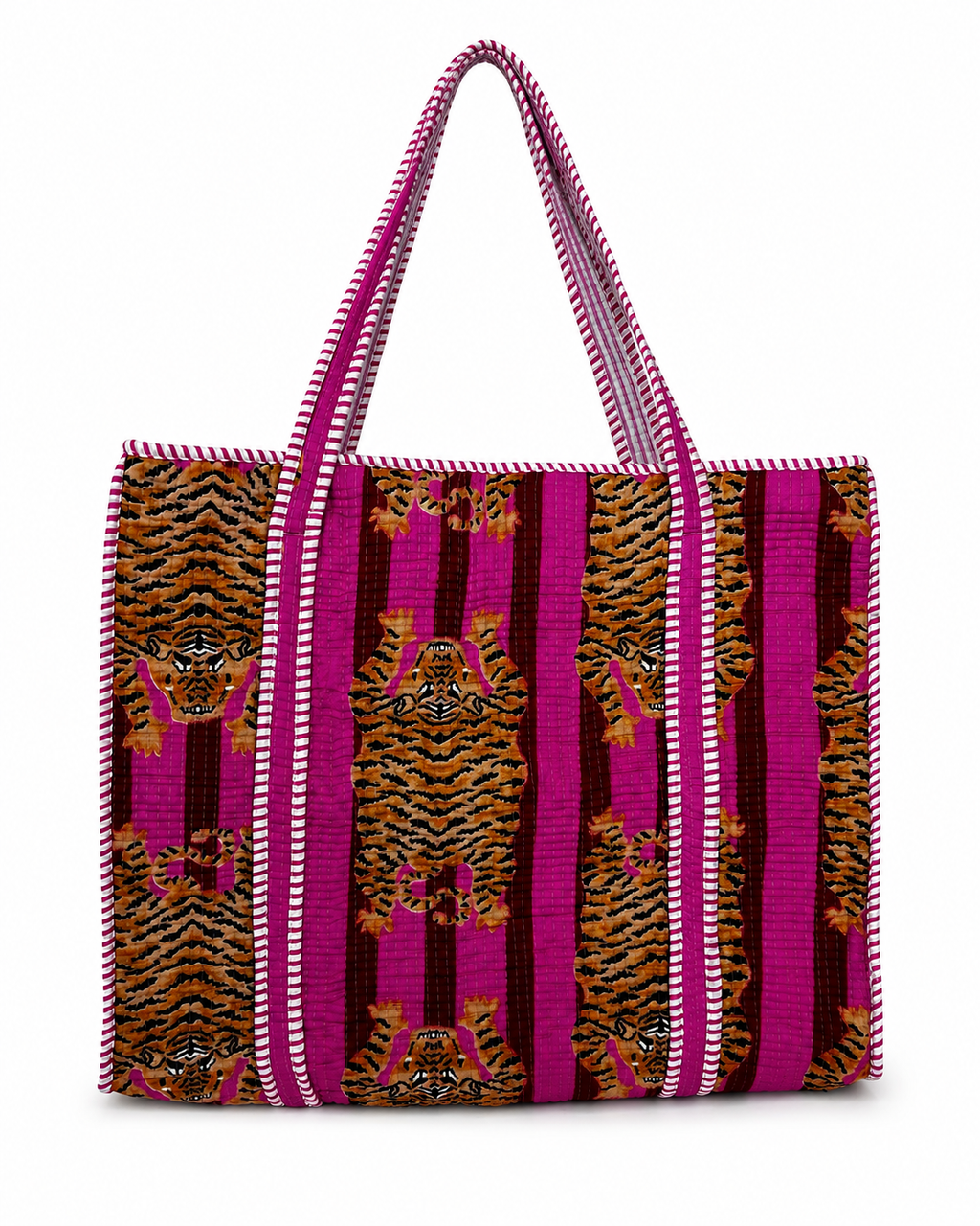 Handmade Quilted Cotton Tote Bag for Women, Pink Tiger Print Shopper Bag, Large Reusable Shoulder Bag, Boho Beach Shopping Tote , Eco Friendly Cotton Handbag