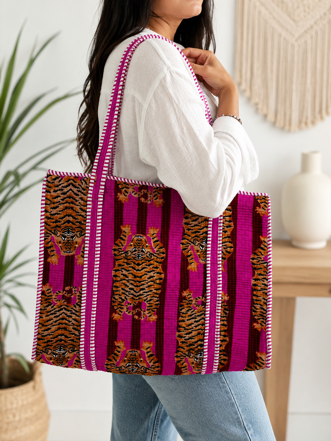 Handmade Quilted Cotton Tote Bag for Women, Pink Tiger Print Shopper Bag, Large Reusable Shoulder Bag, Boho Beach Shopping Tote , Eco Friendly Cotton Handbag