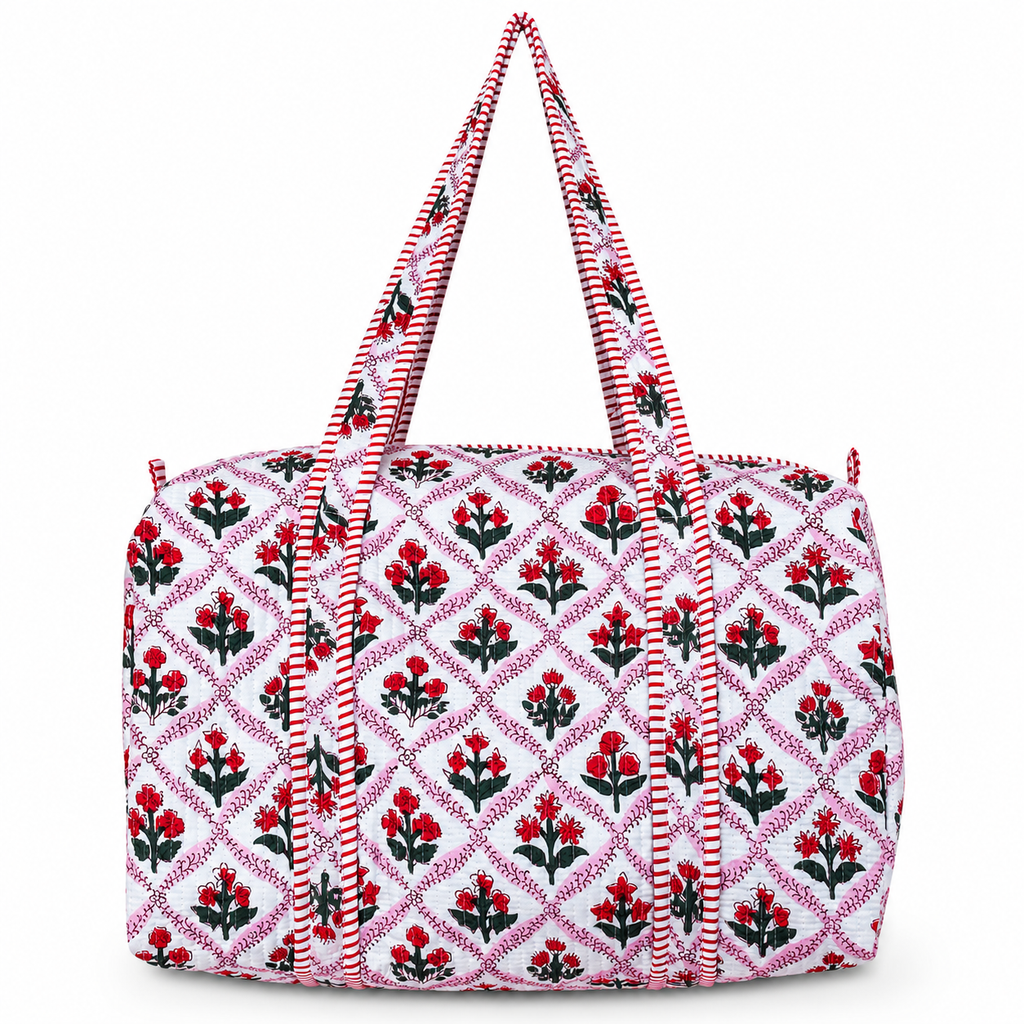 Red Floral Quilted Weekender Bag | Handmade Block Print Cotton Travel Duffel