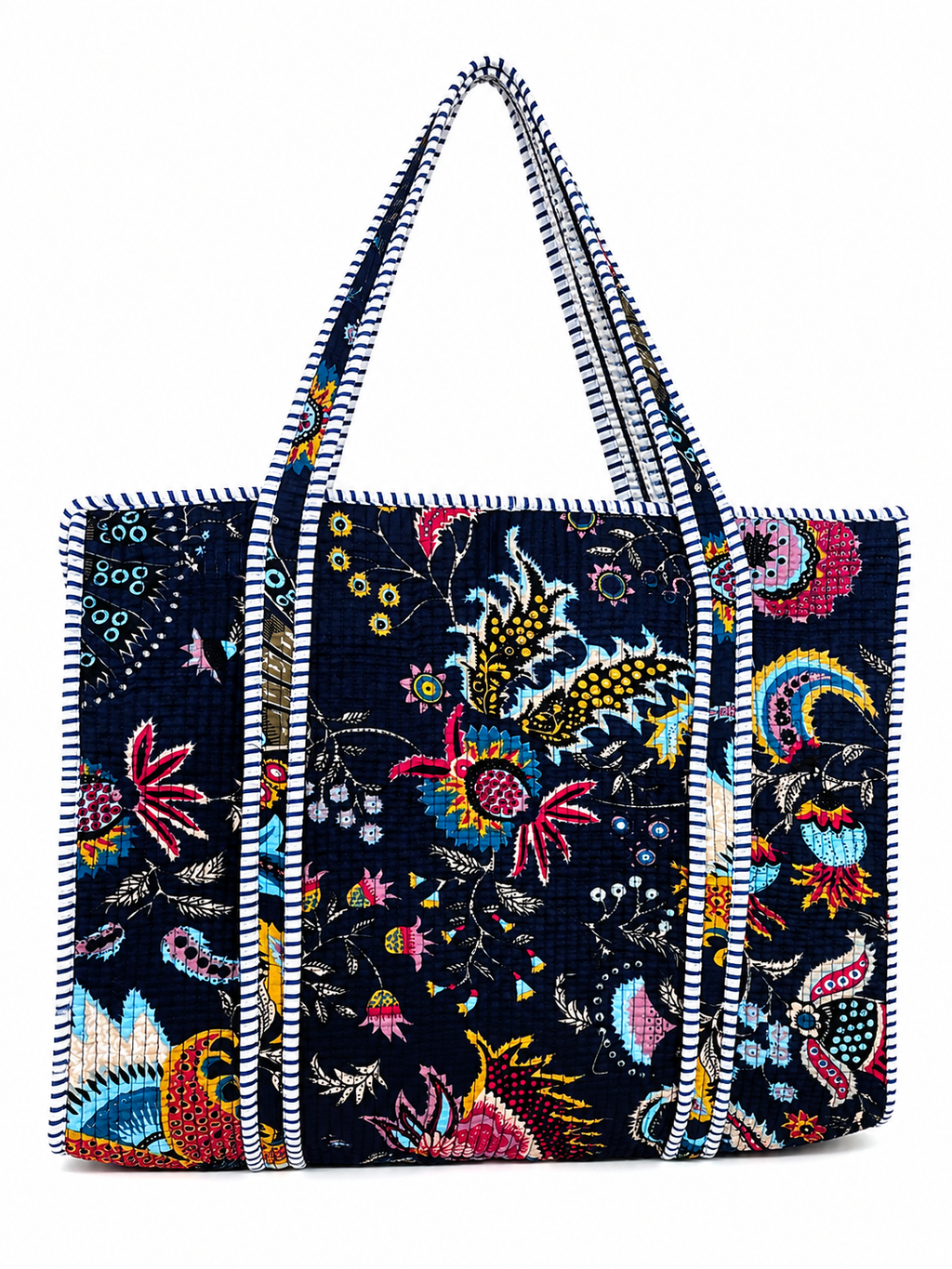 Quilted Floral Tote Bag for Women – Large Navy Cotton Shoulder Bag with Long Handles, Spacious Everyday Shopper, Travel & Beach Bag