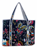 Quilted Floral Tote Bag for Women – Large Navy Cotton Shoulder Bag with Long Handles, Spacious Everyday Shopper, Travel & Beach Bag
