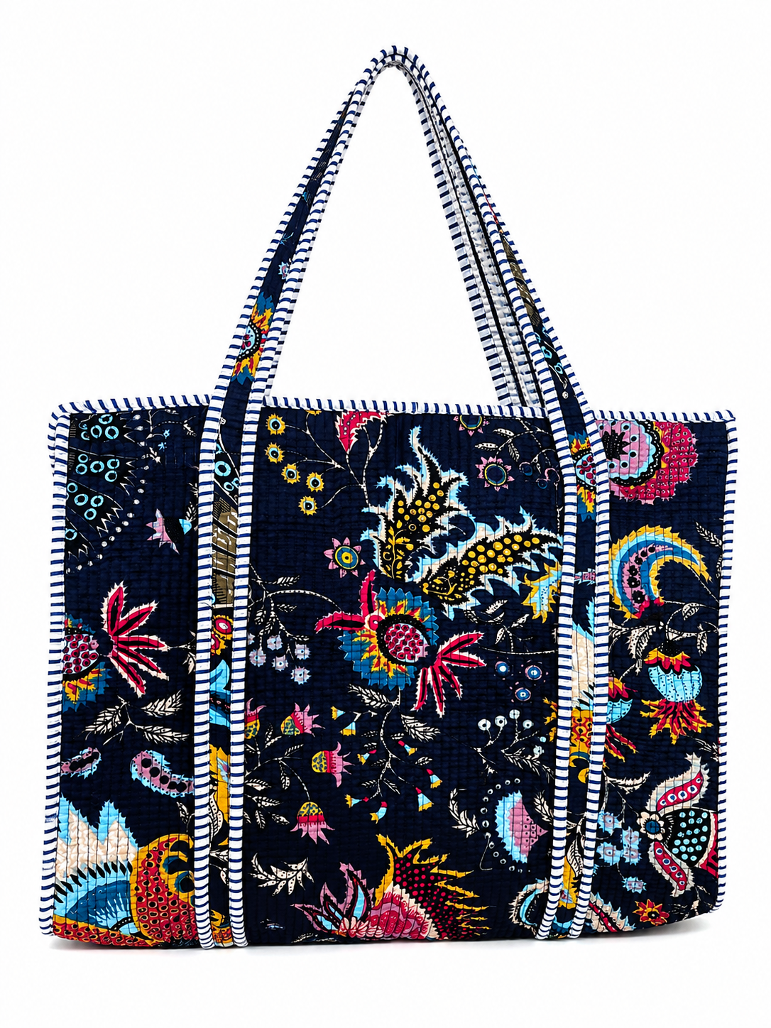 Quilted Floral Tote Bag for Women – Large Navy Cotton Shoulder Bag with Long Handles, Spacious Everyday Shopper, Travel & Beach Bag
