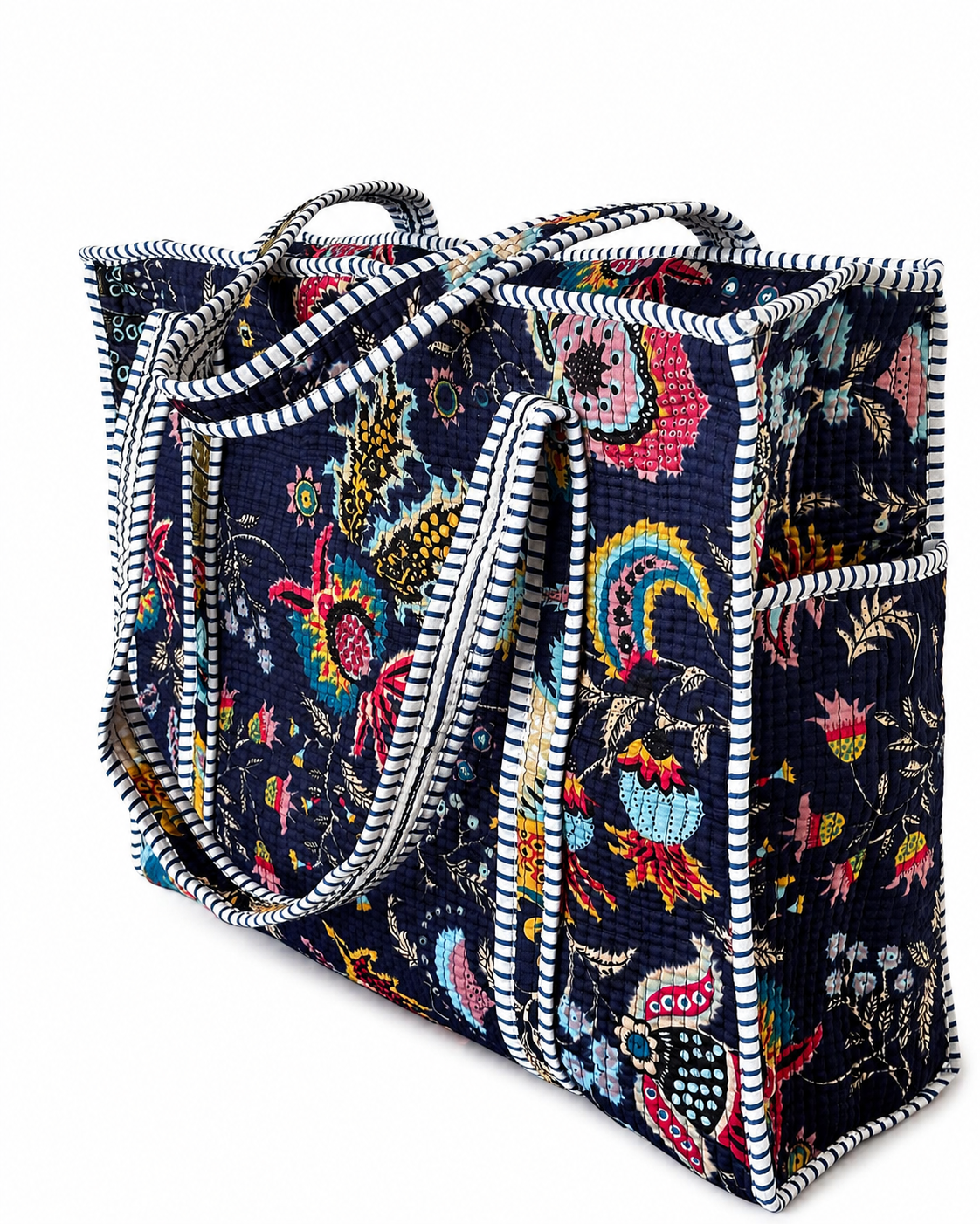 Quilted Floral Tote Bag for Women – Large Navy Cotton Shoulder Bag with Long Handles, Spacious Everyday Shopper, Travel & Beach Bag