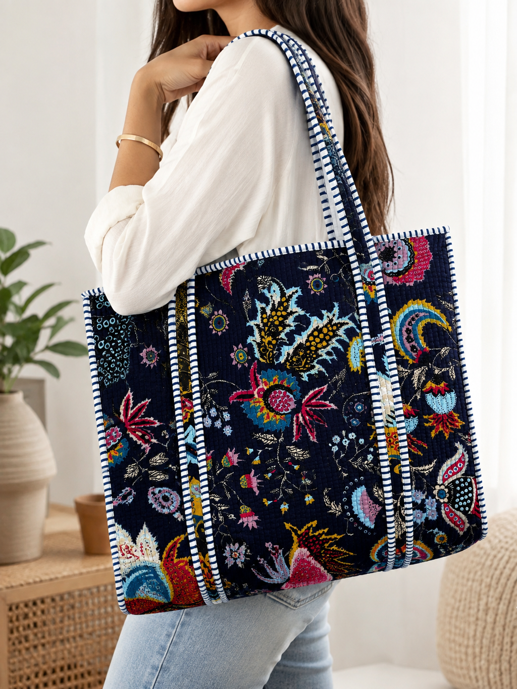 Quilted Floral Tote Bag for Women – Large Navy Cotton Shoulder Bag with Long Handles, Spacious Everyday Shopper, Travel & Beach Bag