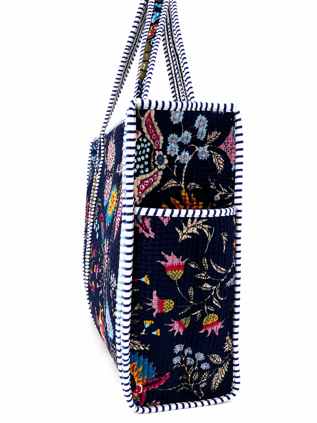 Quilted Floral Tote Bag for Women – Large Navy Cotton Shoulder Bag with Long Handles, Spacious Everyday Shopper, Travel & Beach Bag