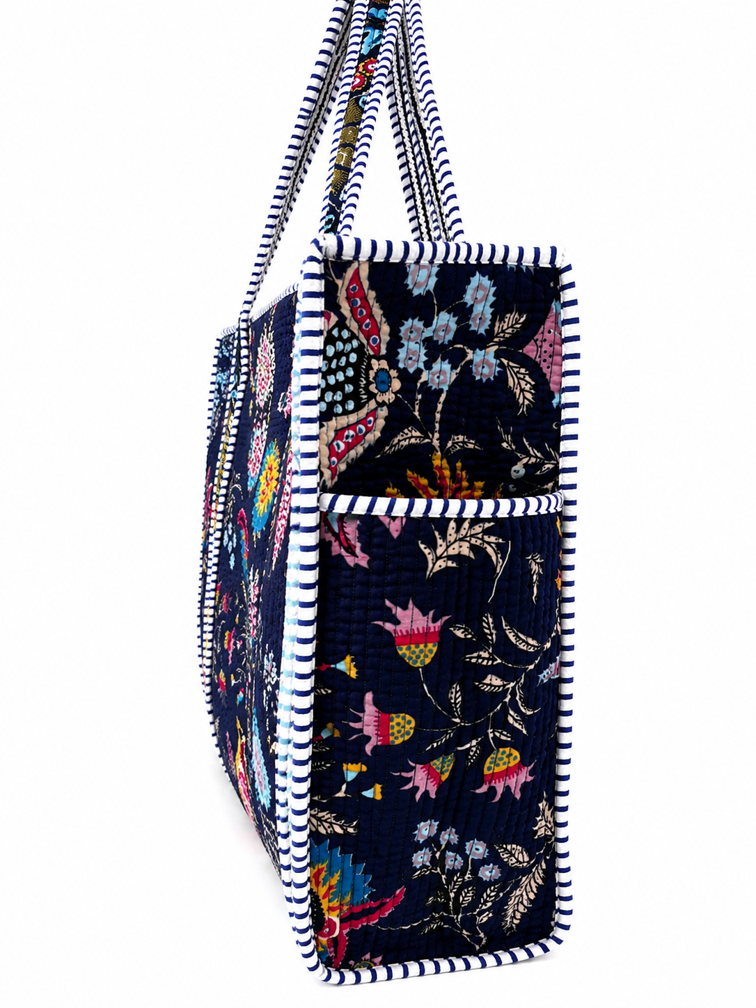 Quilted Floral Tote Bag for Women – Large Navy Cotton Shoulder Bag with Long Handles, Spacious Everyday Shopper, Travel & Beach Bag