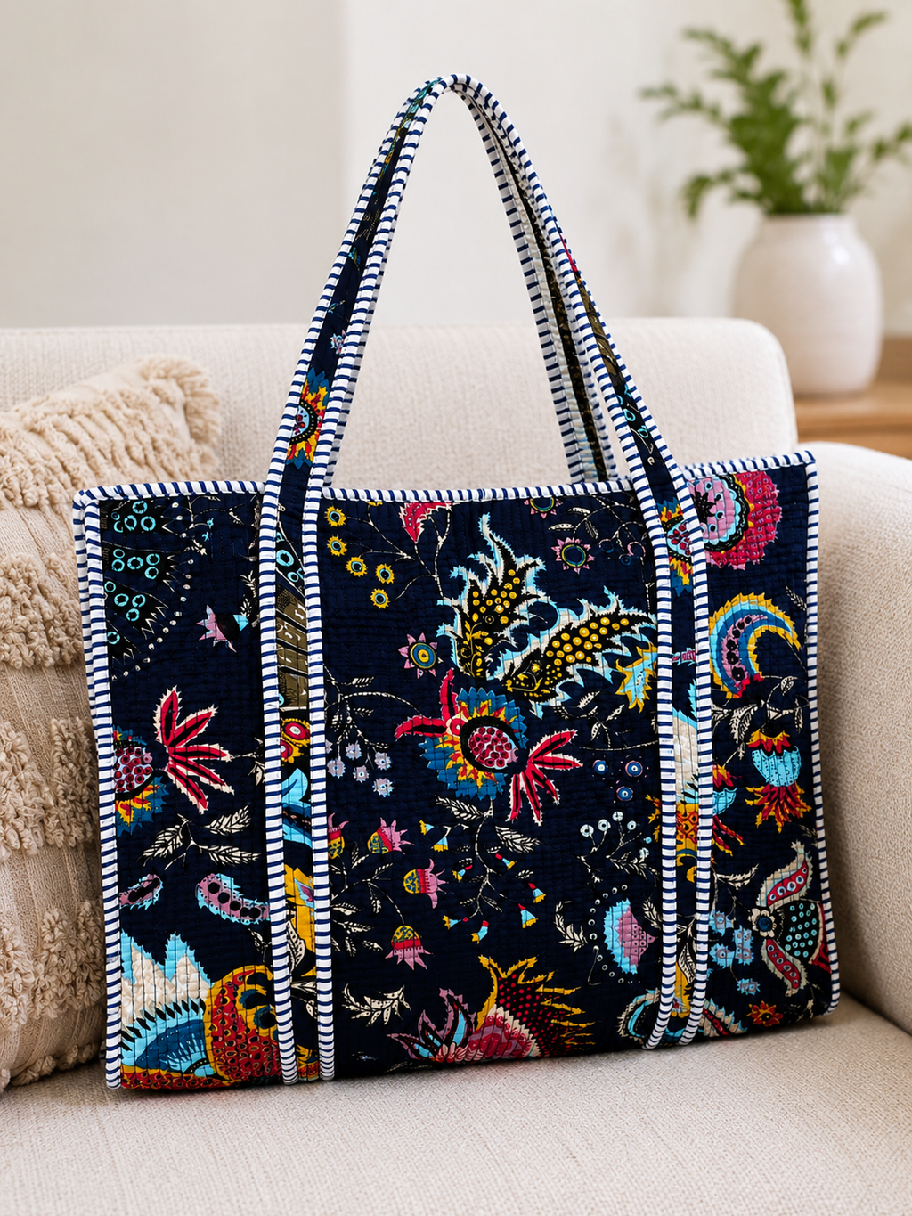 Quilted Floral Tote Bag for Women – Large Navy Cotton Shoulder Bag with Long Handles, Spacious Everyday Shopper, Travel & Beach Bag