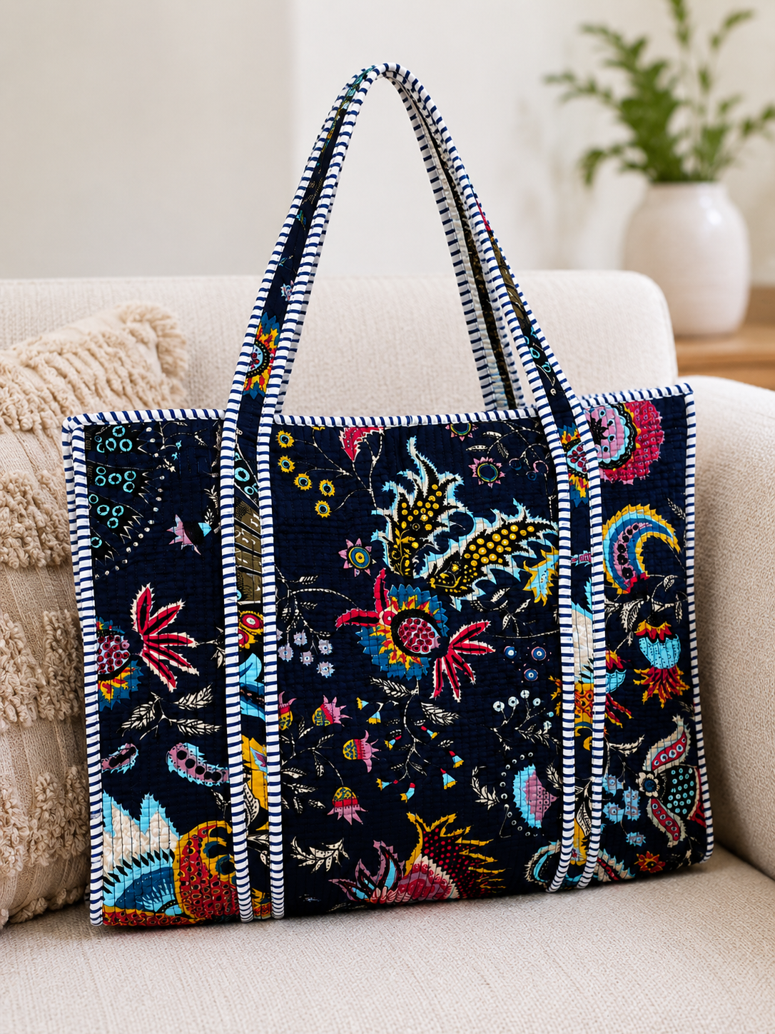 Quilted Floral Tote Bag for Women – Large Navy Cotton Shoulder Bag with Long Handles, Spacious Everyday Shopper, Travel & Beach Bag
