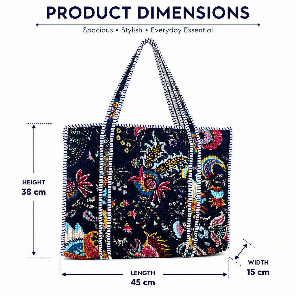 Quilted Floral Tote Bag for Women – Large Navy Cotton Shoulder Bag with Long Handles, Spacious Everyday Shopper, Travel & Beach Bag