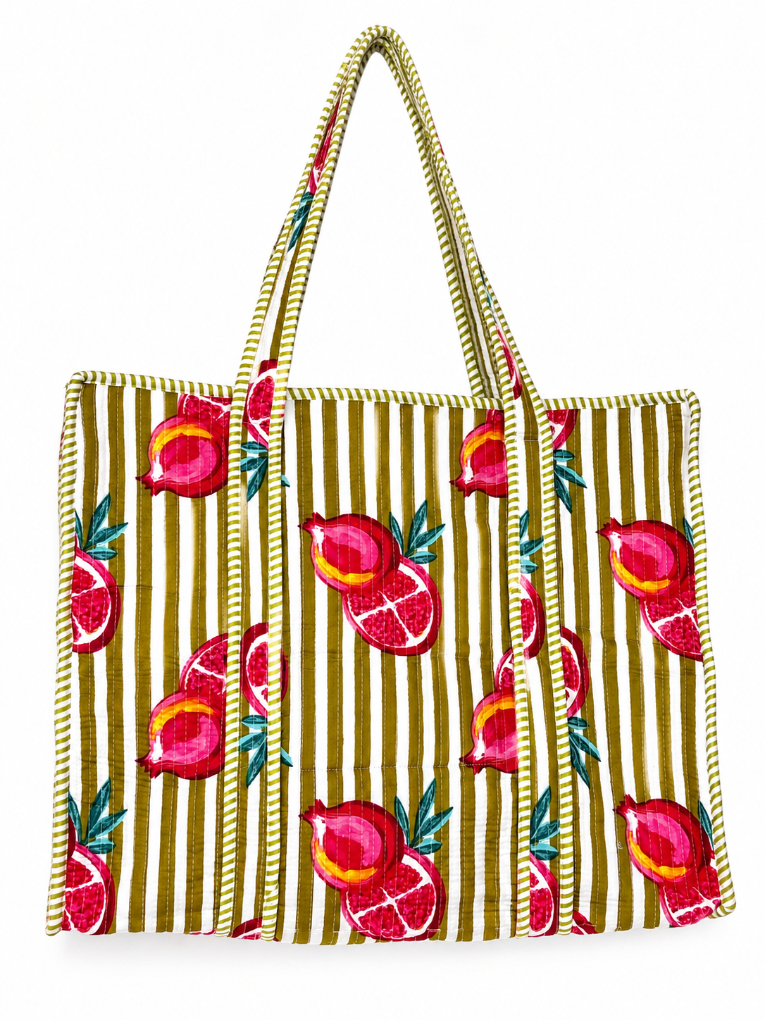 Quilted Cotton Tote Bag for Women | Large Pomegranate Print Shoulder Bag | Reusable Shopping, Beach, Travel & Everyday Handbag