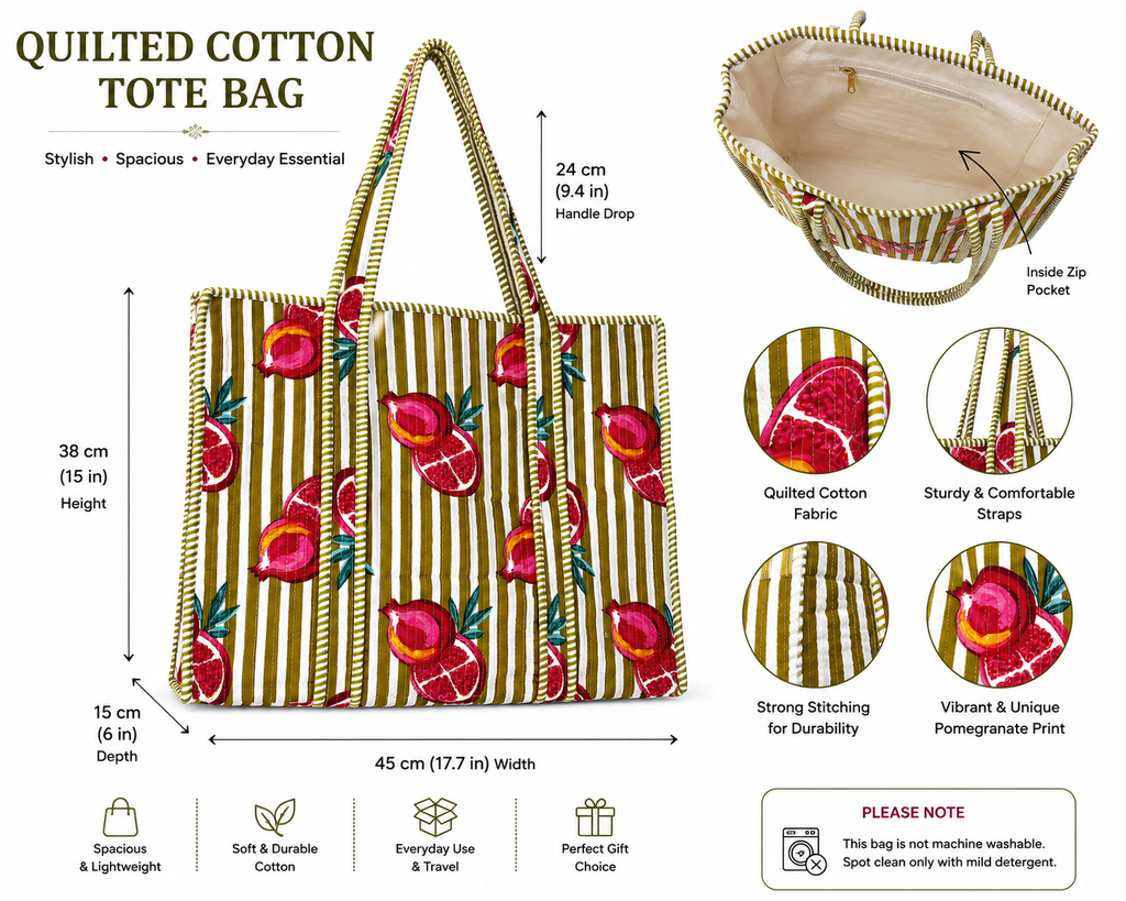 Quilted Cotton Tote Bag for Women | Large Pomegranate Print Shoulder Bag | Reusable Shopping, Beach, Travel & Everyday Handbag