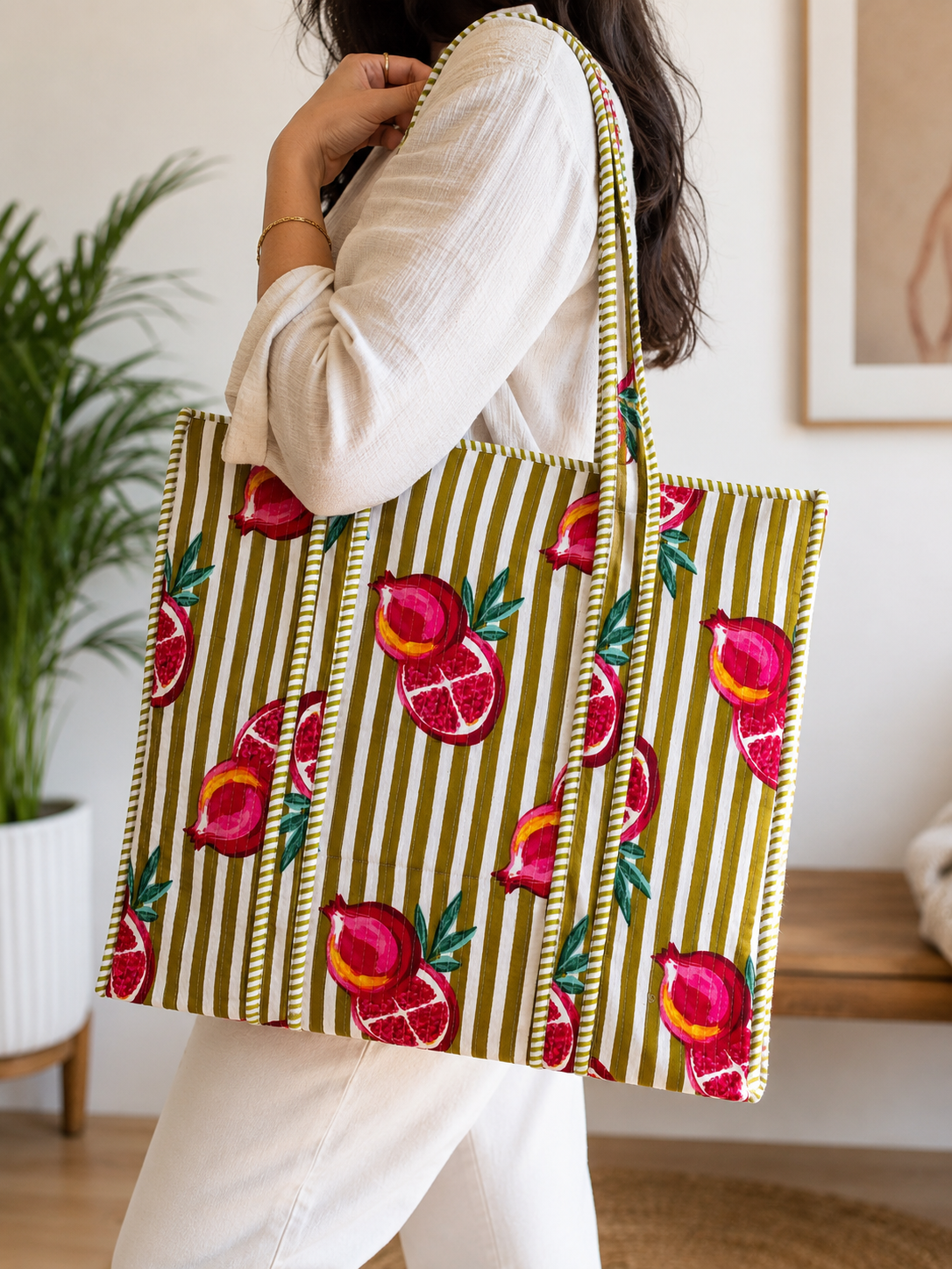 Quilted Cotton Tote Bag for Women | Large Pomegranate Print Shoulder Bag | Reusable Shopping, Beach, Travel & Everyday Handbag