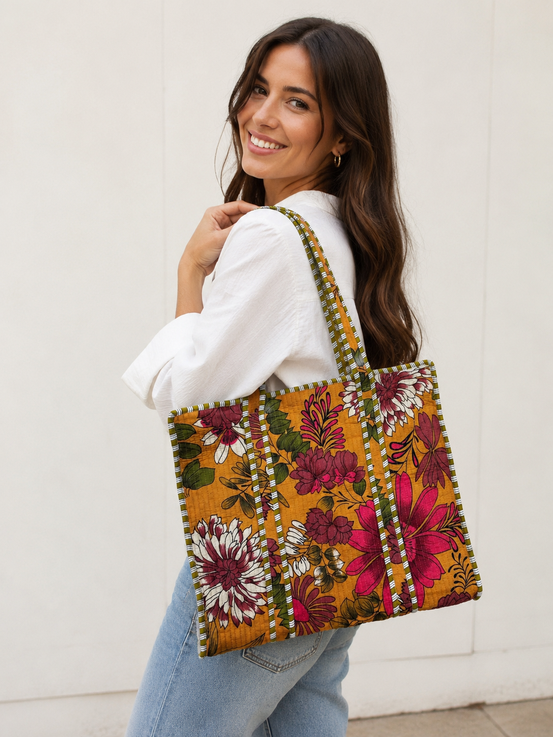 Vintage Floral Quilted Tote Bag | Large Cotton Shoulder Bag | Boho Everyday Shopper | Handmade Floral Carryall