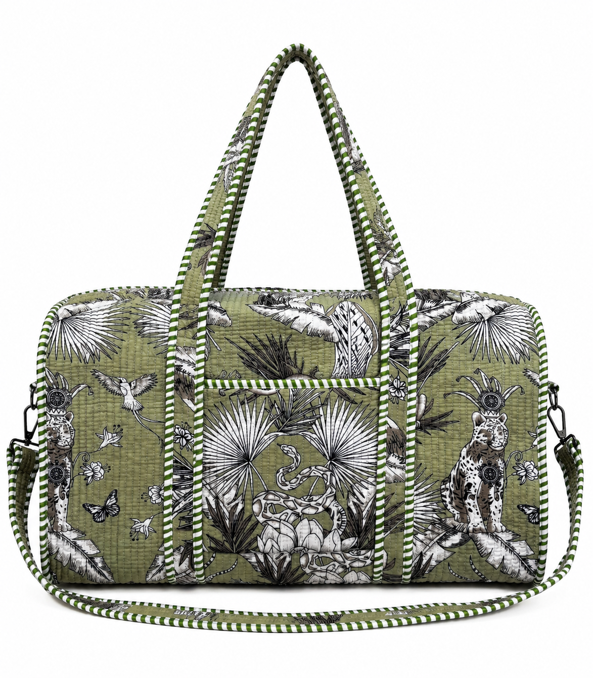 Quilted Cotton Safari Jungle Print Weekender Duffel Bag – Green Travel Holdall for Women