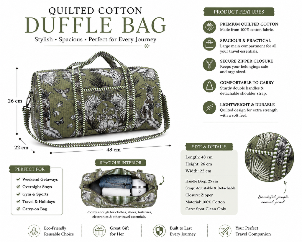 Quilted Cotton Safari Jungle Print Weekender Duffel Bag – Green Travel Holdall for Women