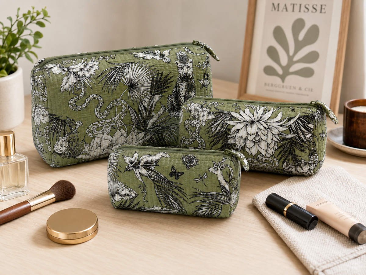 Quilted Cotton Toiletry Bag Set of 3 – Safari Jungle Print Makeup & Travel Cosmetic