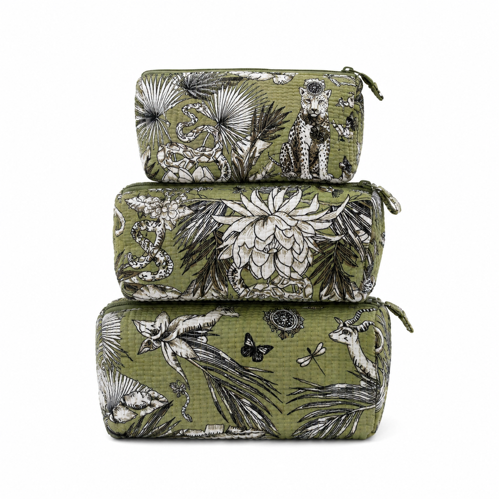 Quilted Cotton Toiletry Bag Set of 3 – Safari Jungle Print Makeup & Travel Cosmetic