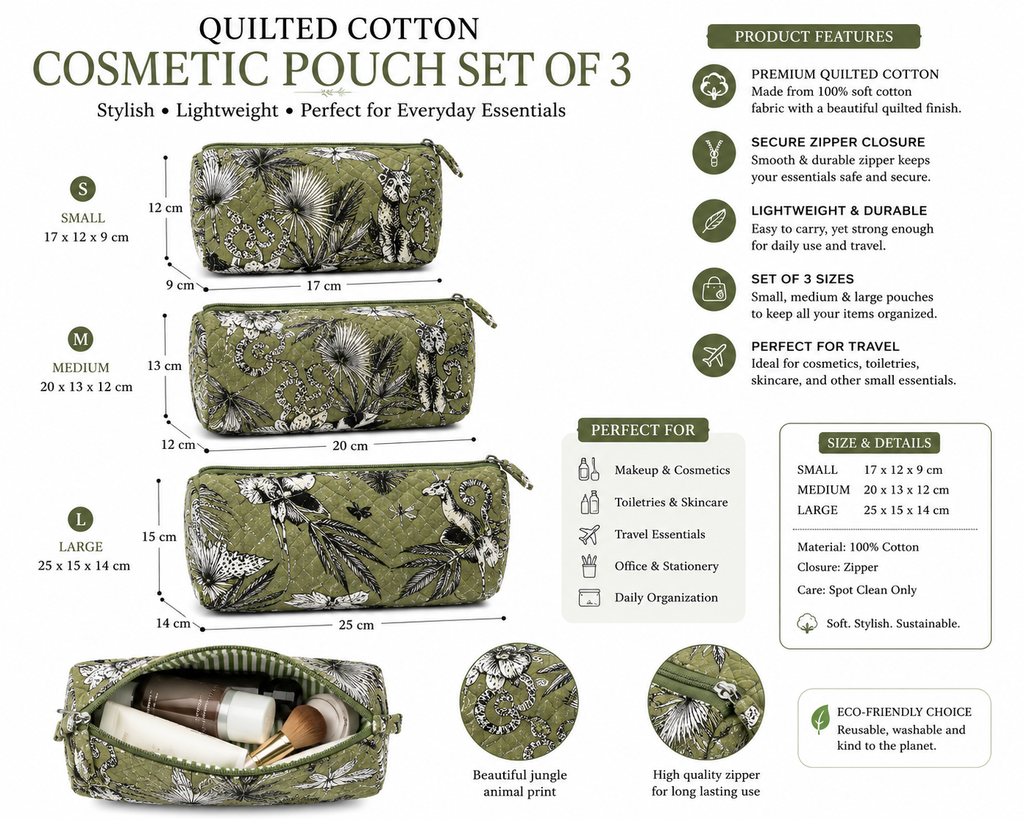 Quilted Cotton Toiletry Bag Set of 3 – Safari Jungle Print Makeup & Travel Cosmetic