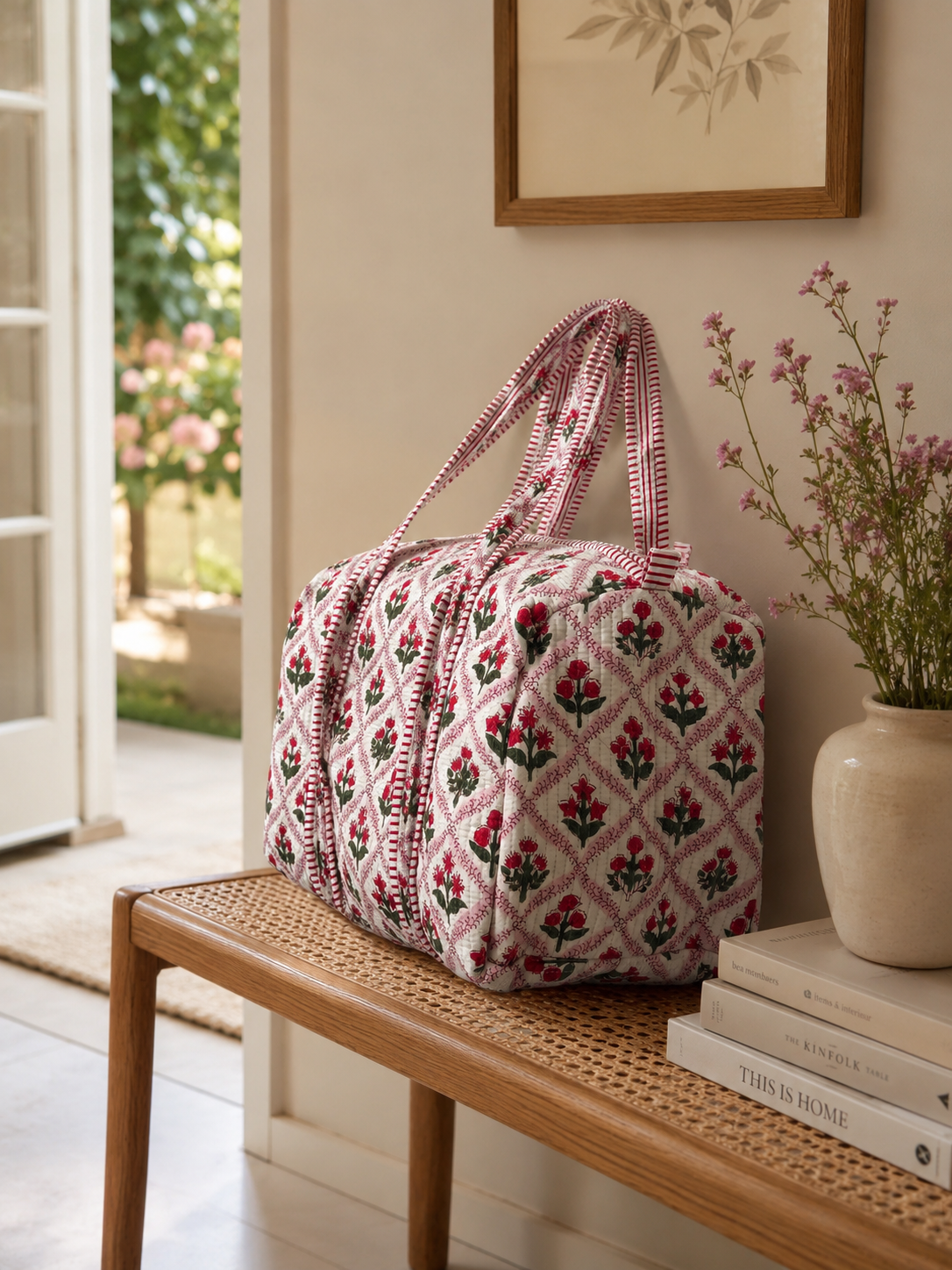 Red Floral Quilted Weekender Bag | Handmade Block Print Cotton Travel Duffel