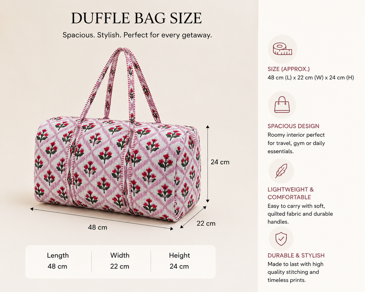 Red Floral Quilted Weekender Bag | Handmade Block Print Cotton Travel Duffel