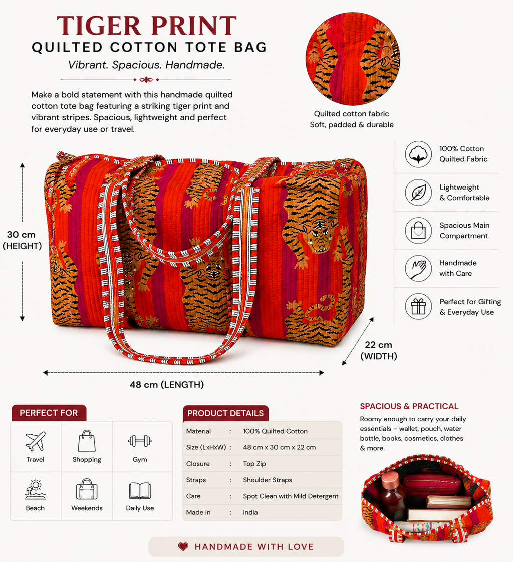 Handmade Tiger Print Red Quilted Cotton Duffel Bag | Large Boho Shoulder Bag | Reusable Shopping & Travel Duffel
