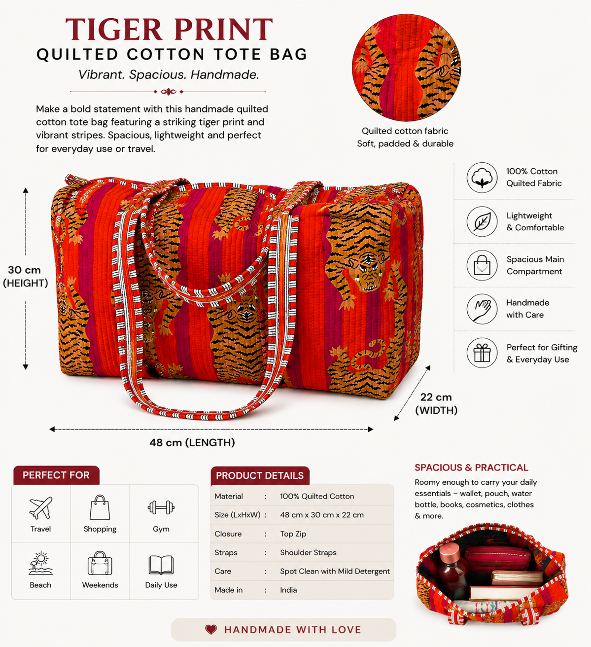 Handmade Tiger Print Red Quilted Cotton Duffel Bag | Large Boho Shoulder Bag | Reusable Shopping & Travel Duffel