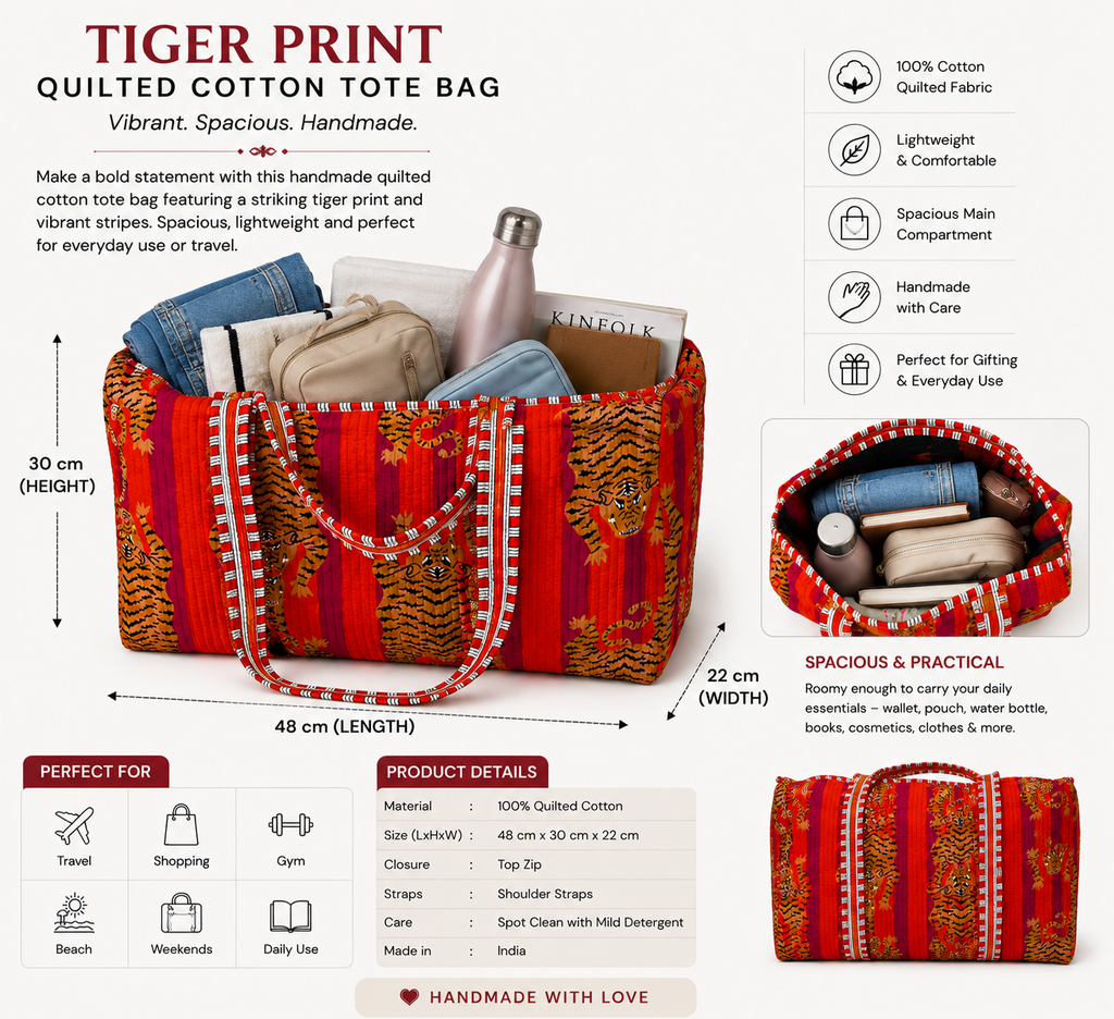Handmade Tiger Print Red Quilted Cotton Duffel Bag | Large Boho Shoulder Bag | Reusable Shopping & Travel Duffel