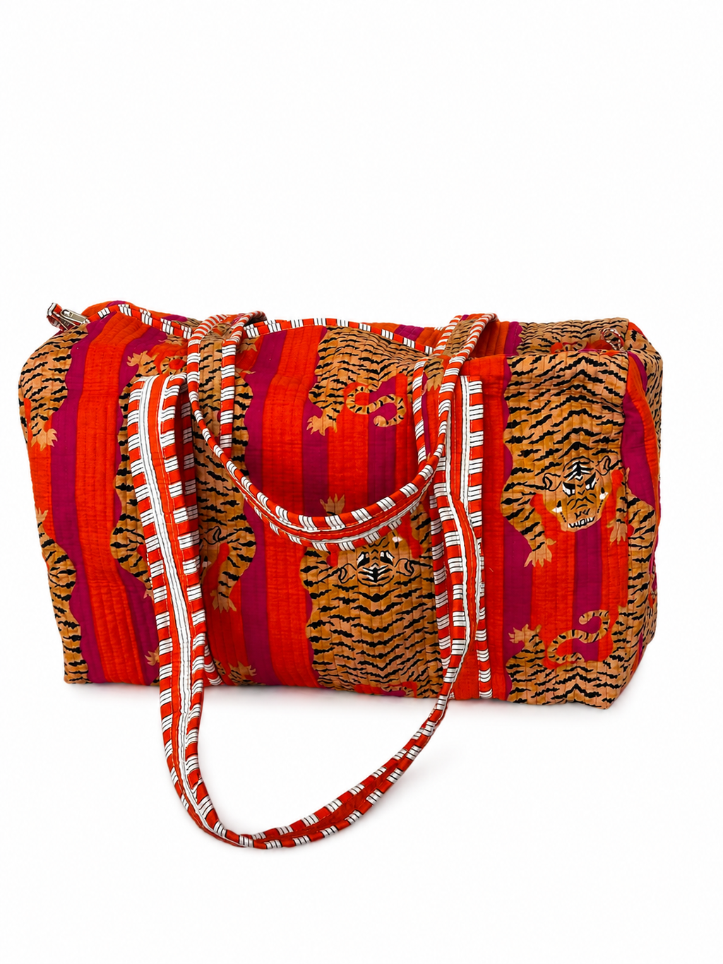 Handmade Tiger Print Red Quilted Cotton Duffel Bag | Large Boho Shoulder Bag | Reusable Shopping & Travel Duffel