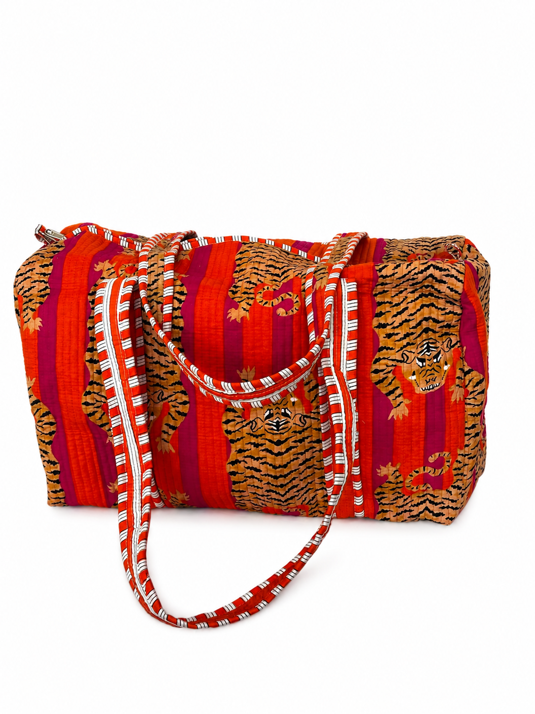 Handmade Tiger Print Red Quilted Cotton Duffel Bag | Large Boho Shoulder Bag | Reusable Shopping & Travel Duffel