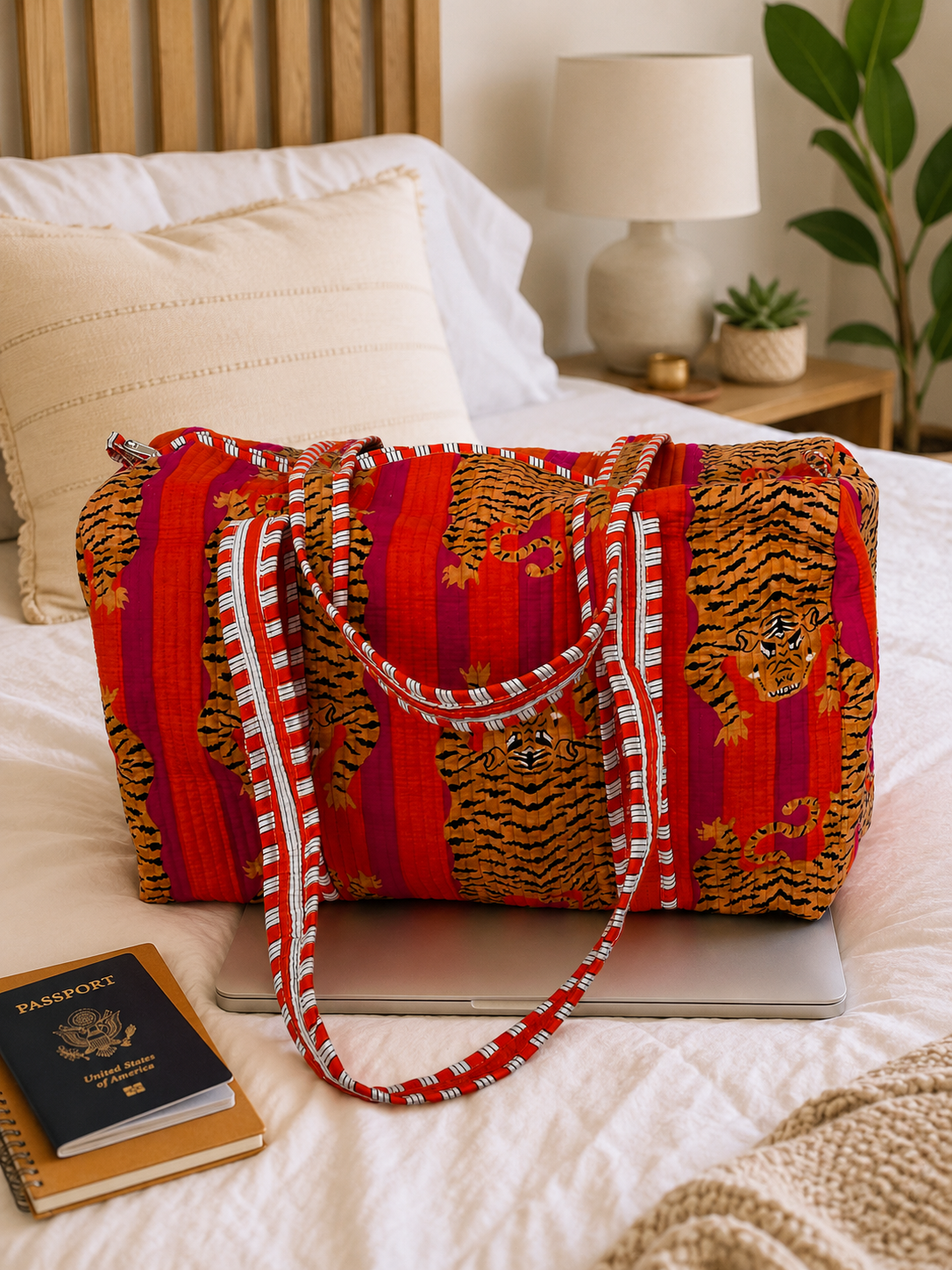 Handmade Tiger Print Red Quilted Cotton Duffel Bag | Large Boho Shoulder Bag | Reusable Shopping & Travel Duffel