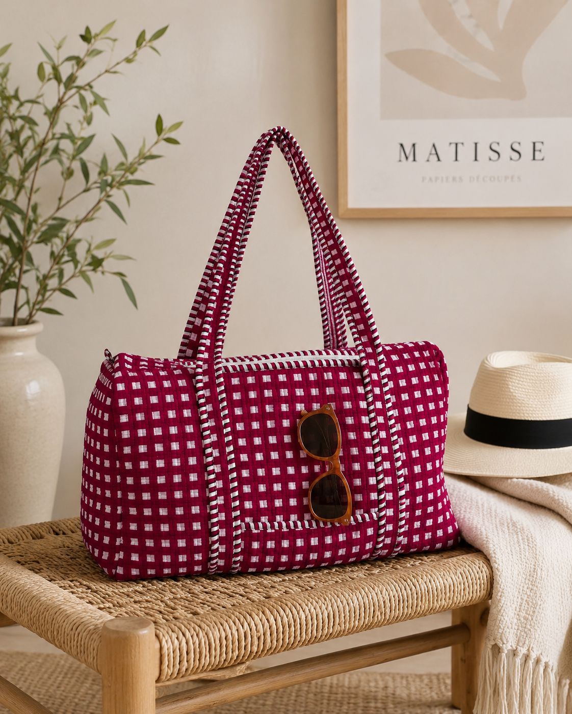 Quilted Travel Duffle Bag – Red Check Print Handmade Cotton Weekender Bag
