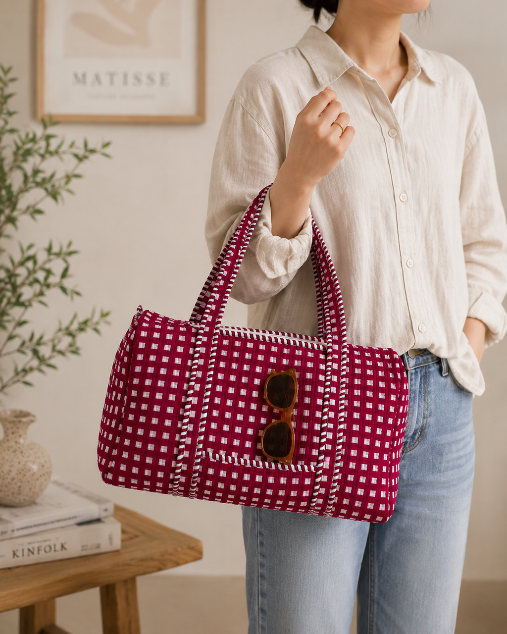 Quilted Travel Duffle Bag – Red Check Print Handmade Cotton Weekender Bag