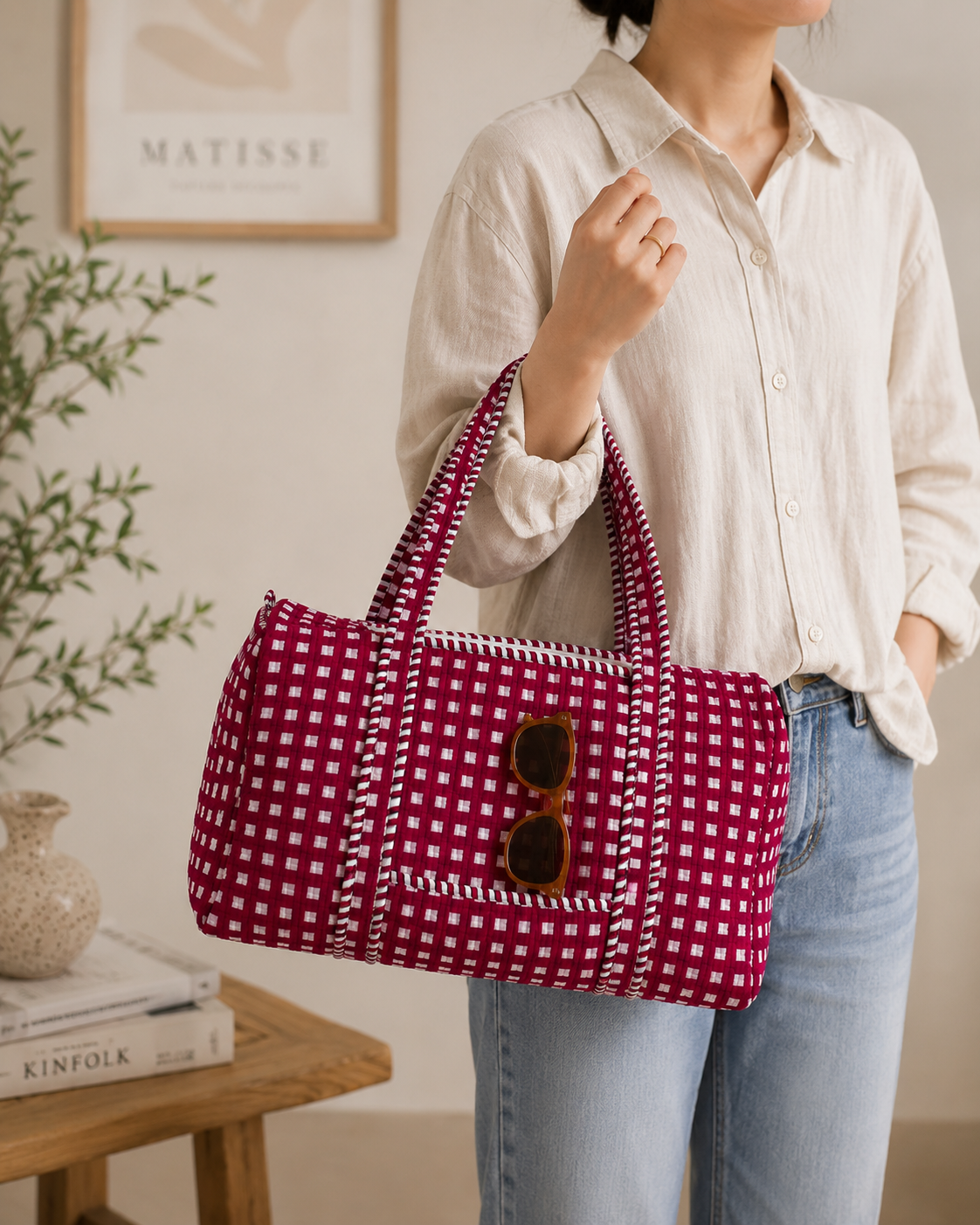 Quilted Travel Duffle Bag – Red Check Print Handmade Cotton Weekender Bag