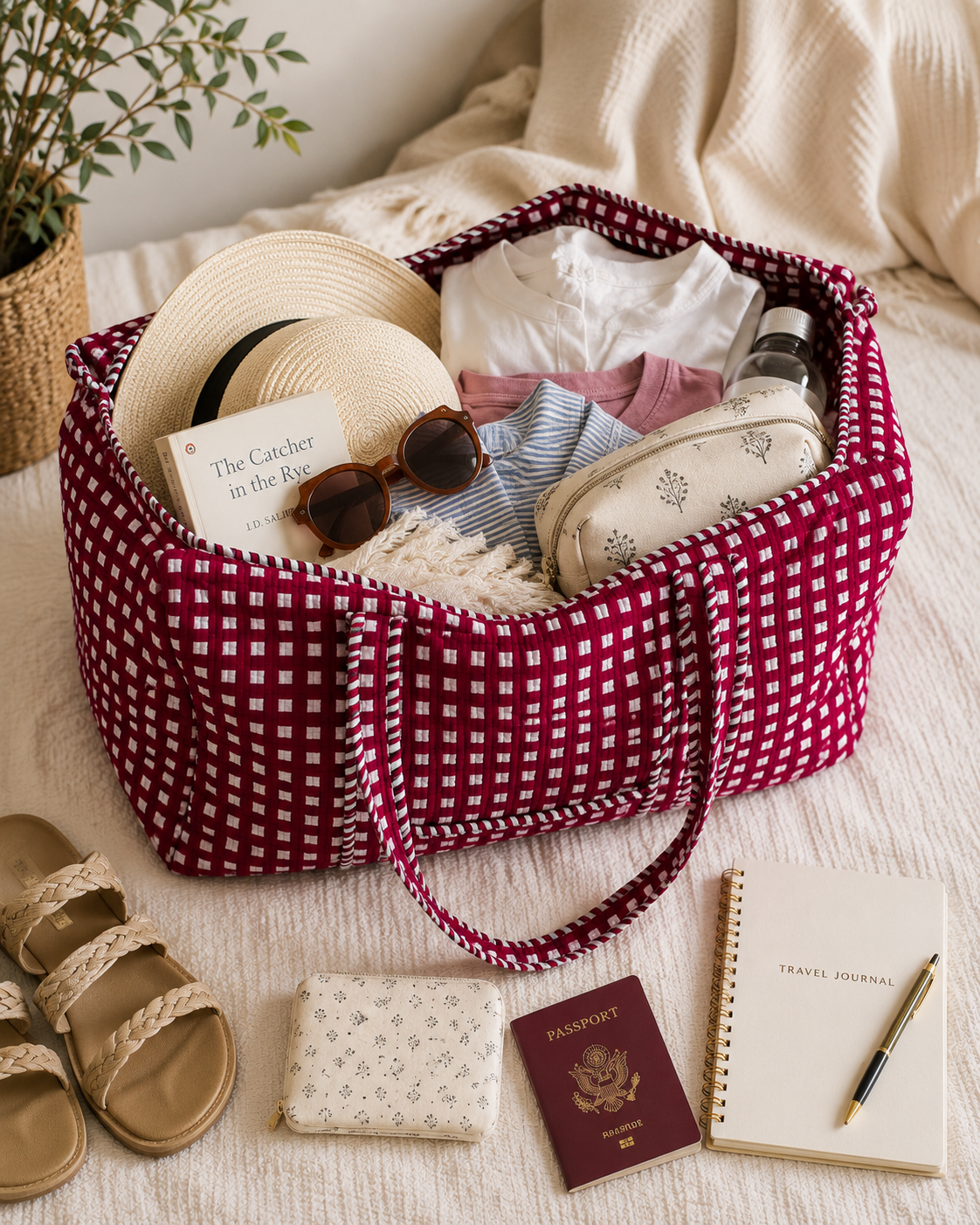 Quilted Travel Duffle Bag – Red Check Print Handmade Cotton Weekender Bag