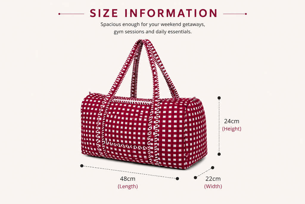 Quilted Travel Duffle Bag – Red Check Print Handmade Cotton Weekender Bag