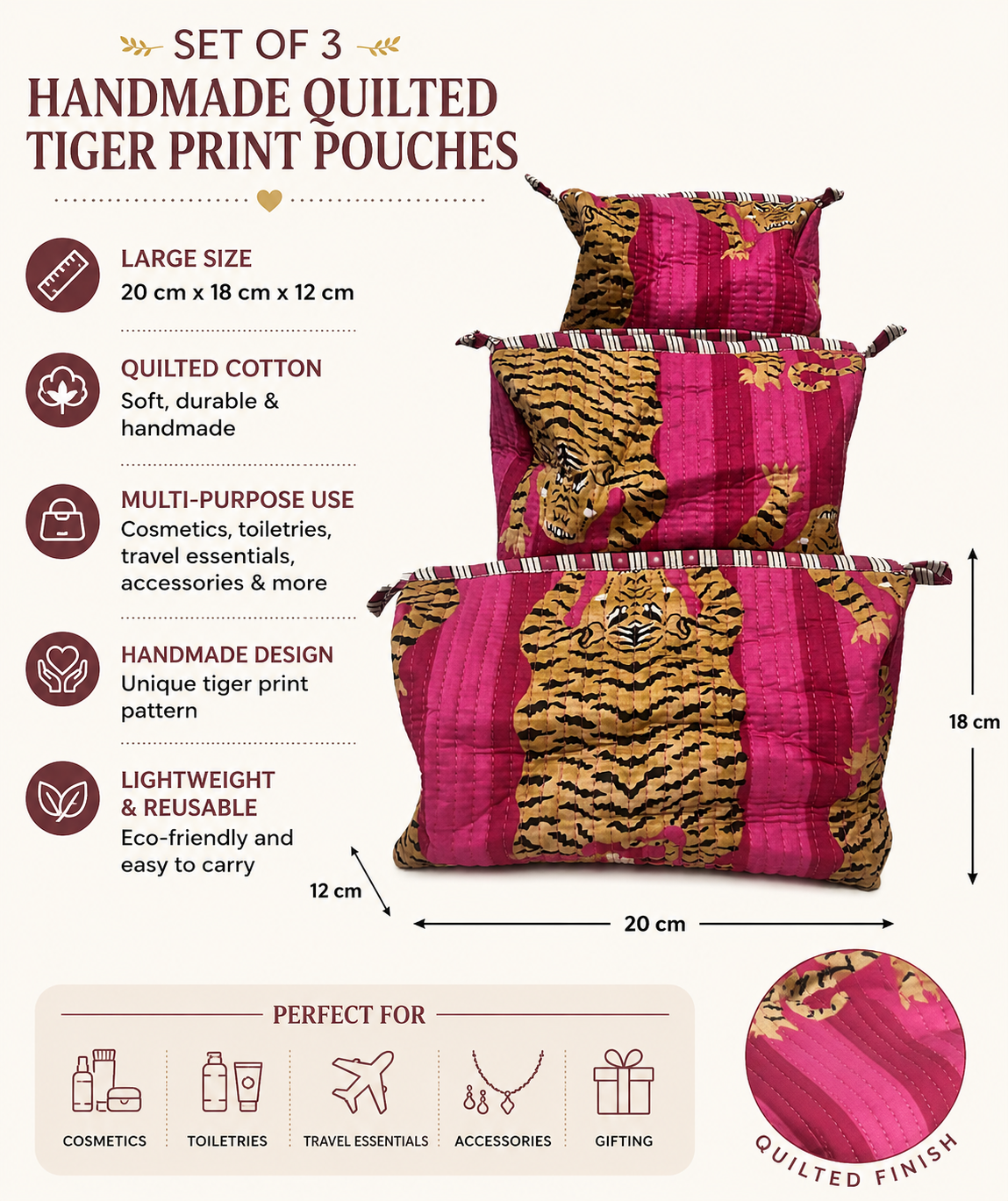 Tiger Print Quilted Cotton Makeup Bag Set of 3 | Handmade Cotton Cosmetic Bags | Travel Toiletry Pouch | Makeup Organiser | Gift for Women