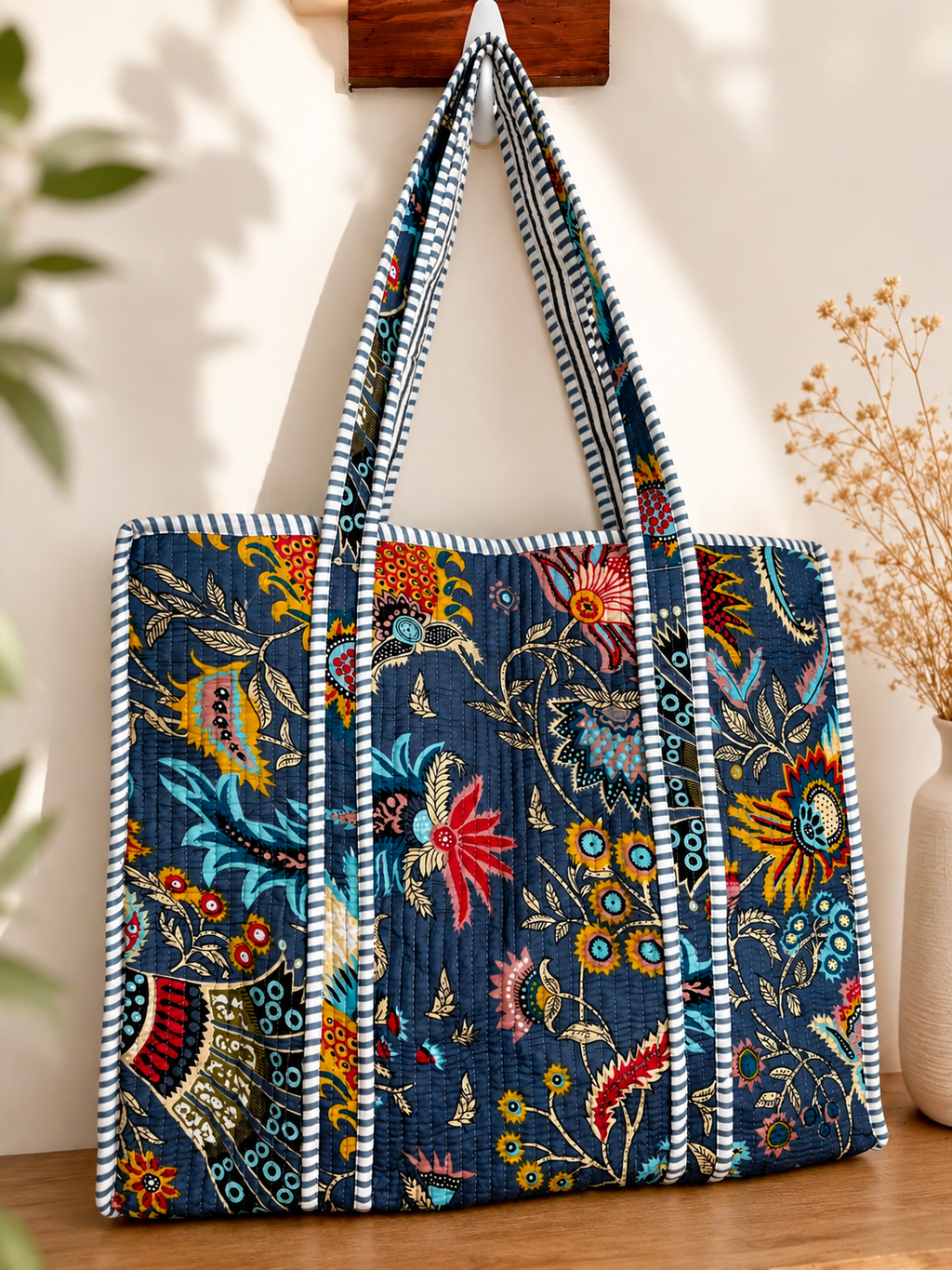 Blue Boho Handmade Quilted Tote Bag - Soft Cotton Fabric with Vibrant Floral Print for Everyday Use & Travel