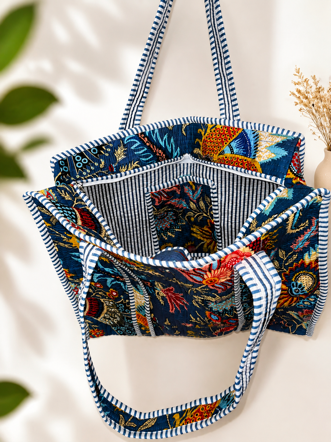 Blue Boho Handmade Quilted Tote Bag - Soft Cotton Fabric with Vibrant Floral Print for Everyday Use & Travel