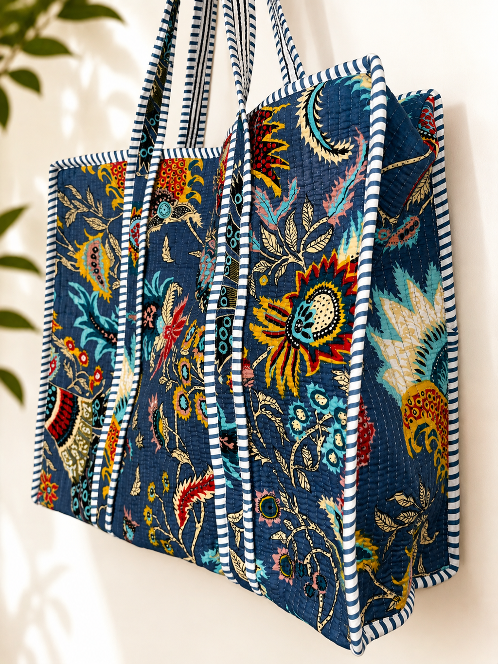 Blue Boho Handmade Quilted Tote Bag - Soft Cotton Fabric with Vibrant Floral Print for Everyday Use & Travel