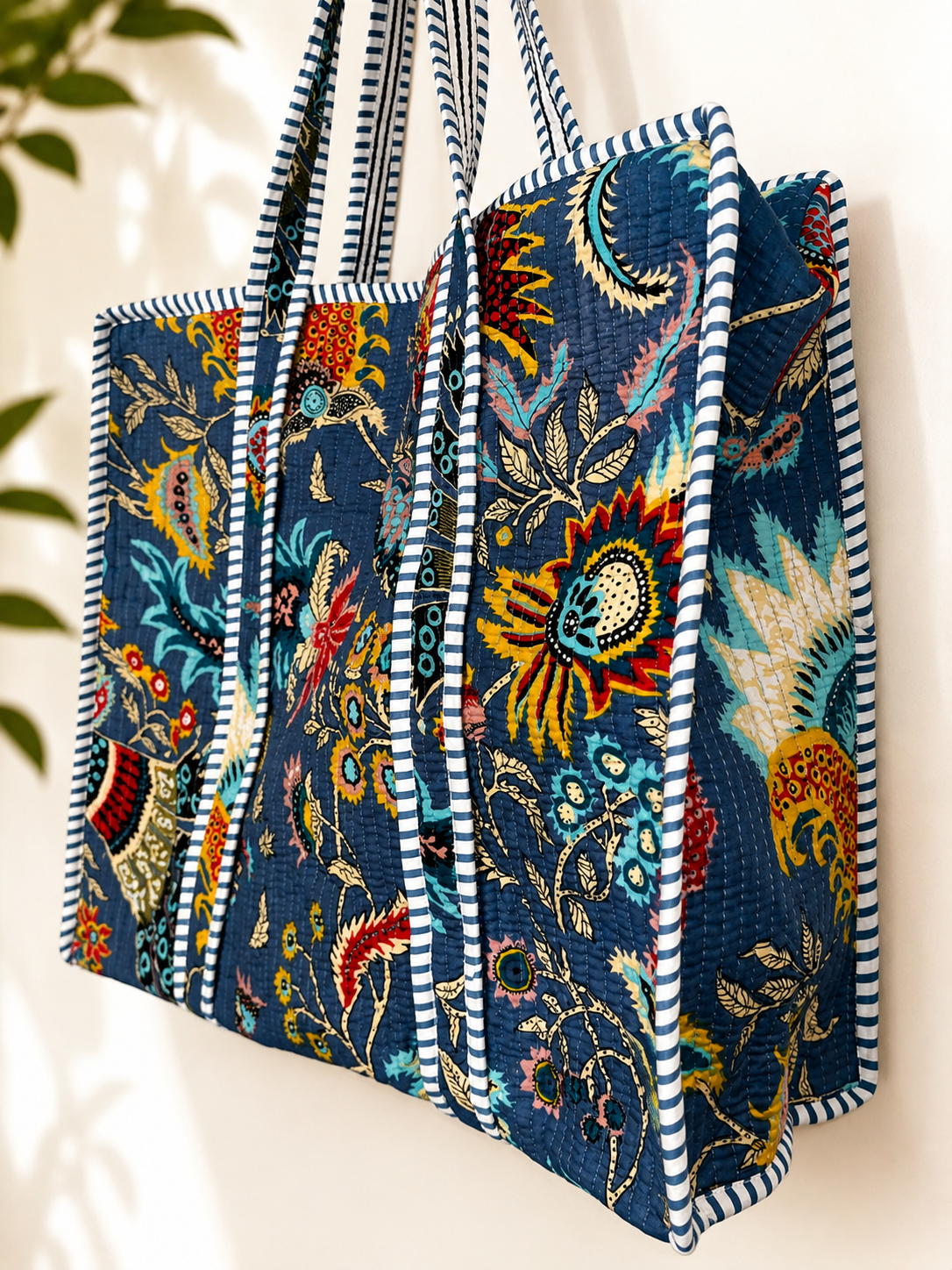 Blue Boho Handmade Quilted Tote Bag - Soft Cotton Fabric with Vibrant Floral Print for Everyday Use & Travel
