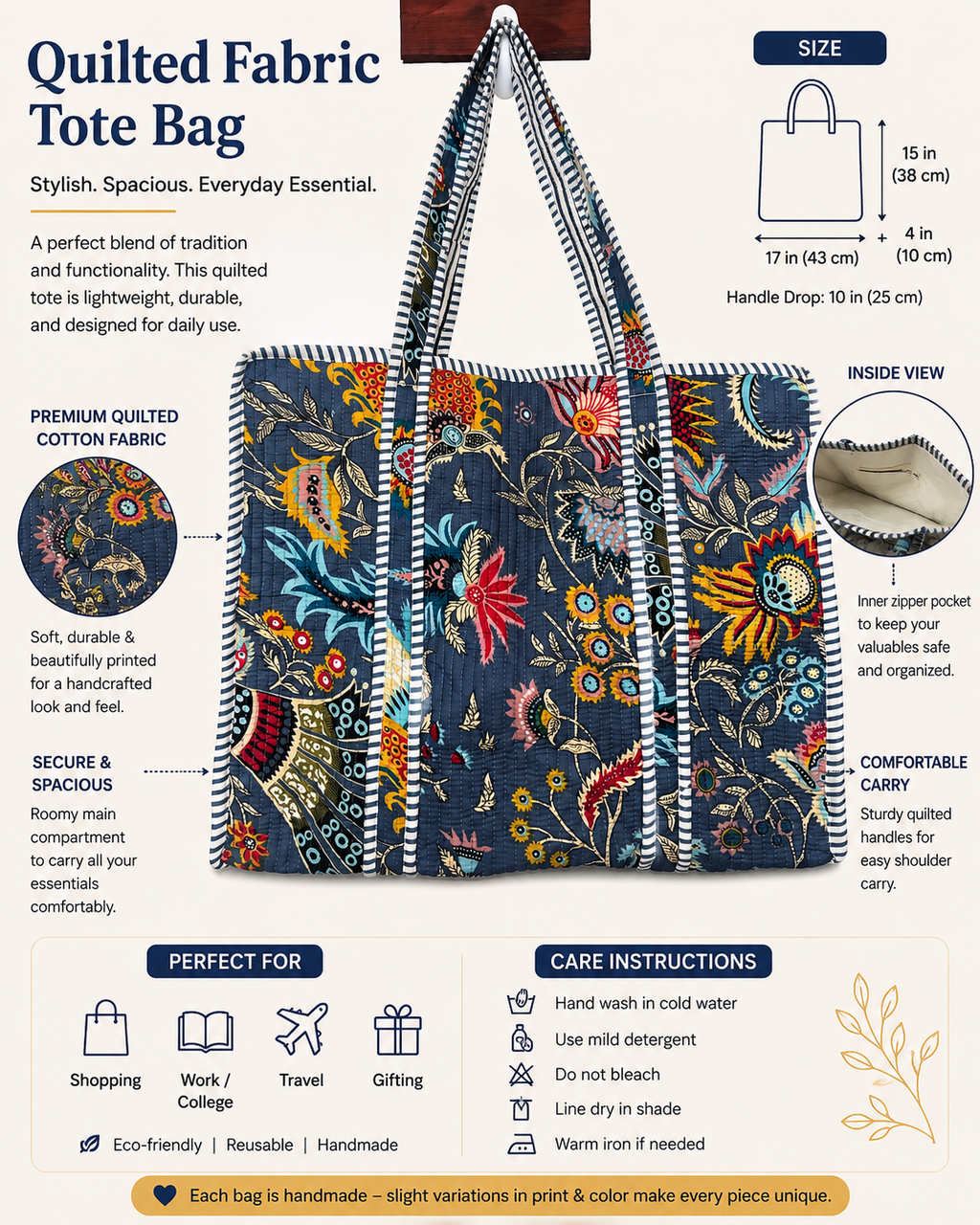 Blue Boho Handmade Quilted Tote Bag - Soft Cotton Fabric with Vibrant Floral Print for Everyday Use & Travel