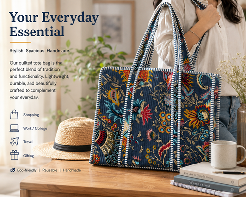 Blue Boho Handmade Quilted Tote Bag - Soft Cotton Fabric with Vibrant Floral Print for Everyday Use & Travel